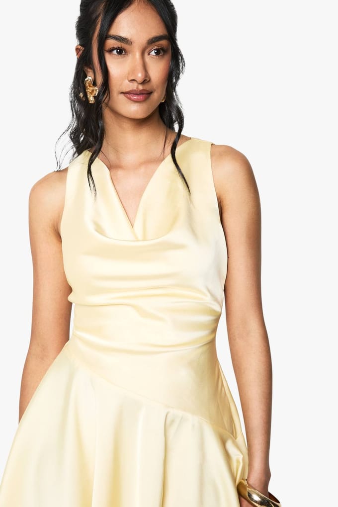 boohoo Dames Satijn Dropped Waist Mini Jurk | Lemon | Maat: 14