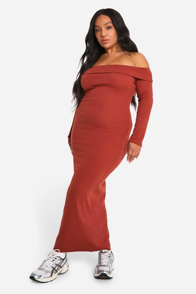 boohoo Dames Plus Basic Rib Bardot Maxi Jurk | Roest | Maat: 46