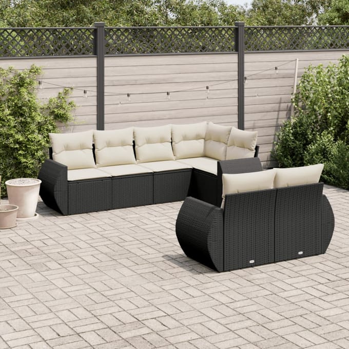 vidaXL - 7-delige - Loungeset - met - kussens - poly - rattan - zwart