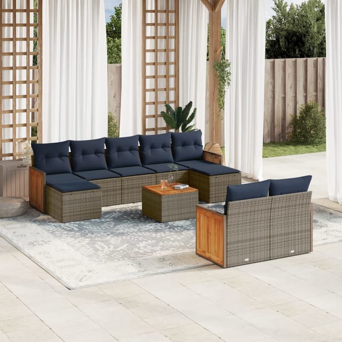 vidaXL - 10-delige - tuinbankset - met - kussens, - grijs - polyrotan