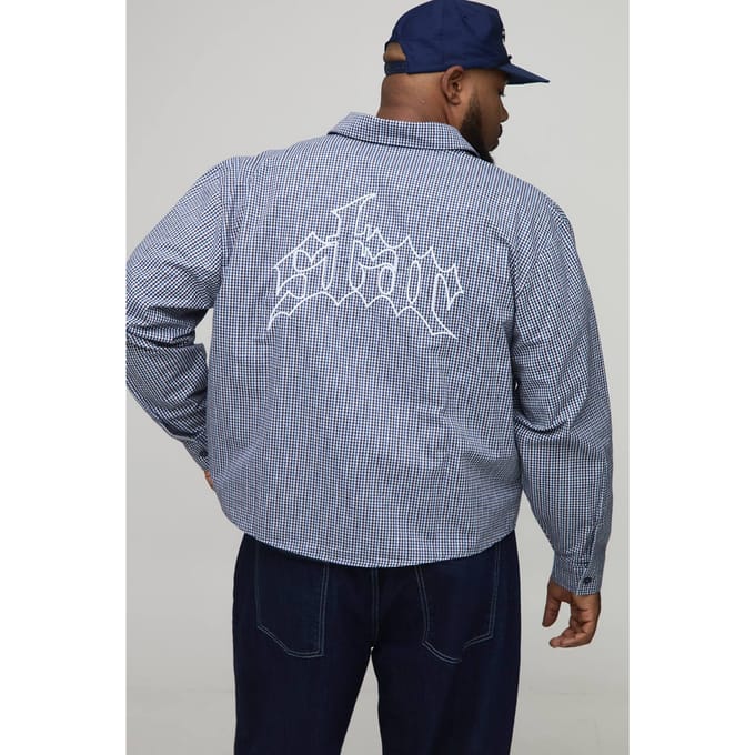 Plus Oversized Boxy Geborduurd Micro-ruiten Overhemd | Navy | Size 2XL