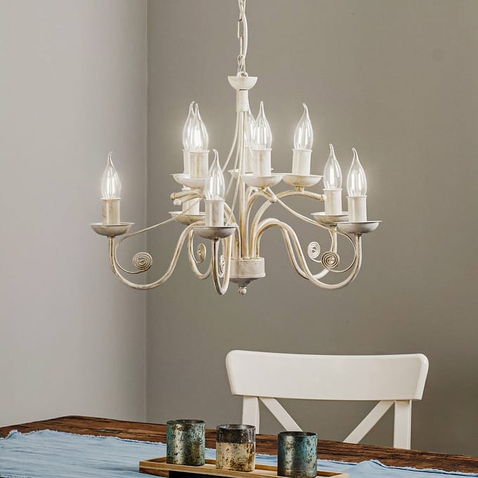 Lamkur Kroonluchter Ayleen van staal, 10-lamps, wit