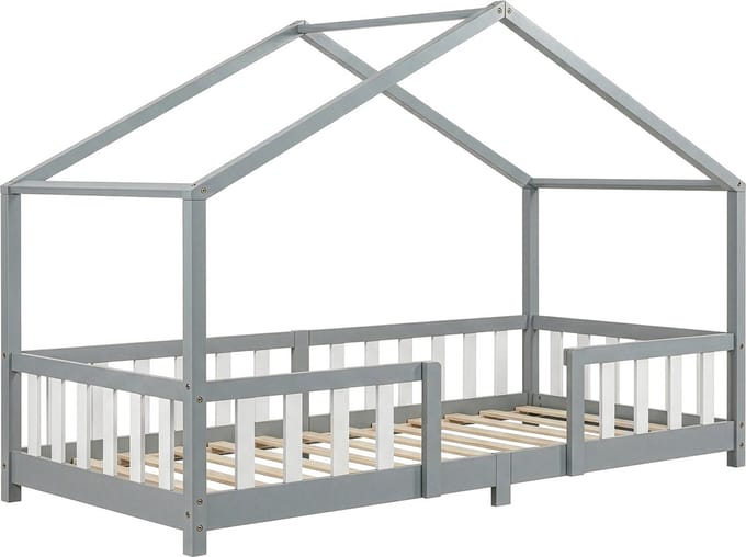 Kinderbed Treviolo huisbed 90x200 cm lichtgrijs en wit [en.casa]