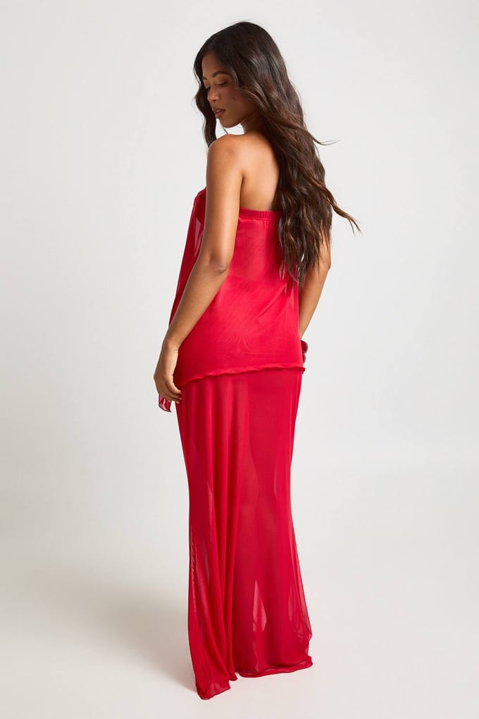 boohoo Dames Mesh Bandeau Top & Maxi Strandrok Co-ord | Red | Maat: 14