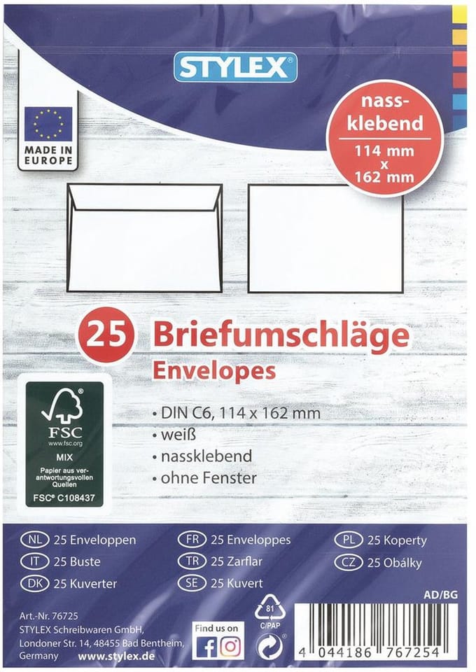 25 Envelop C6 114x162mm Stylex