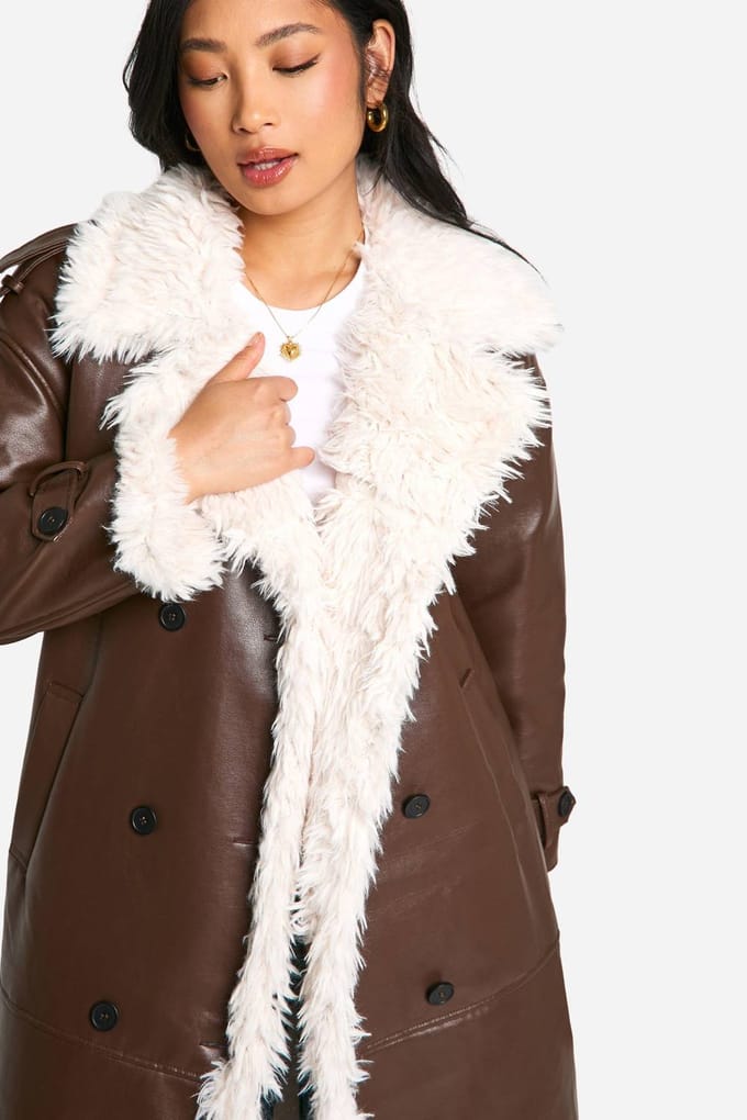 boohoo Dames Petite nepleer lang gesneden jas | Brown | Maat: 8