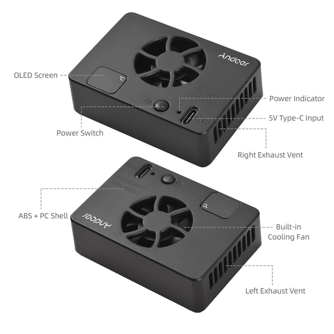 Andoer FS-06 Camera Koelventilator Extern Koelsysteem met OLED-display 8 stuks Montageadapter zwart