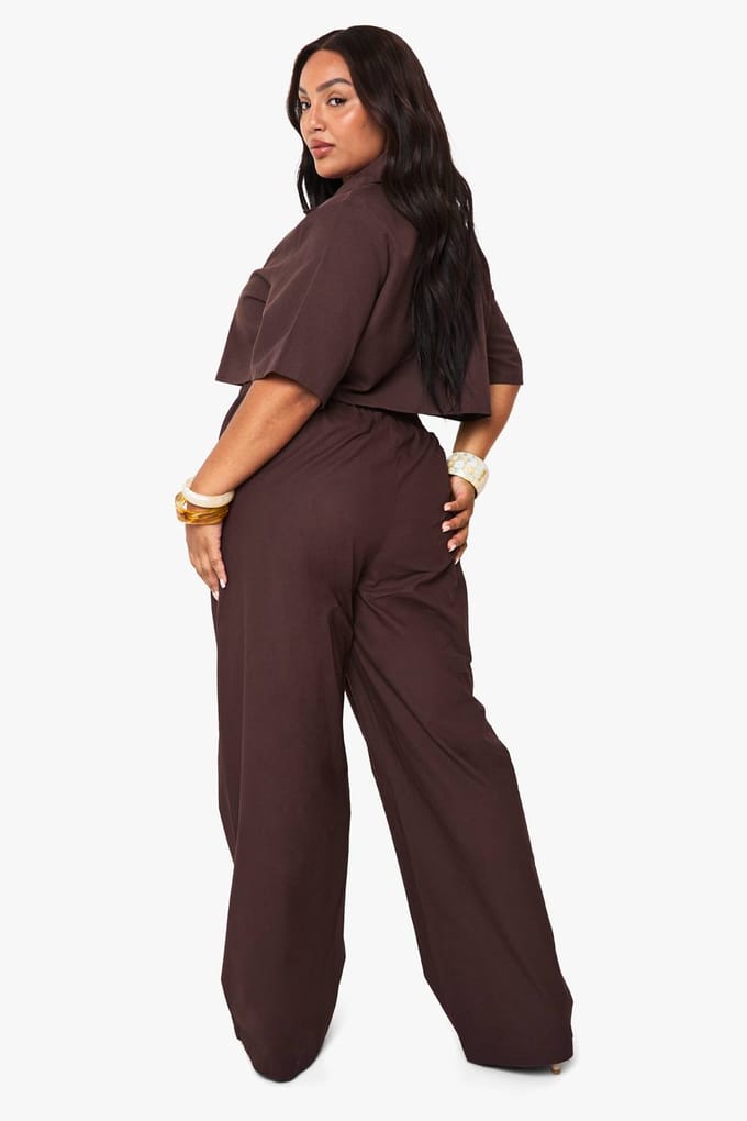 boohoo Dames Plus Linnen Langslank Crop Shirt & Broek Co-ord | Black Chocolate | Maat: 52