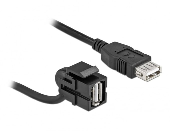 Keystone Module USB 2.0 Een vrouwelijke 110 ° naar USB 2.0 Een vrouw met kabelzwart