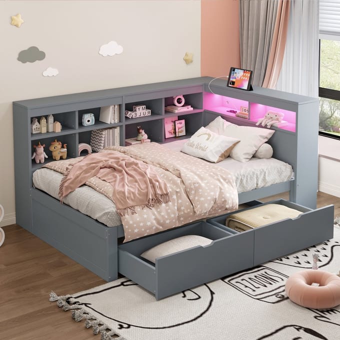 Houten Dagbed 90x200 Grijs met USB & LED – Bed met Opbergruimte