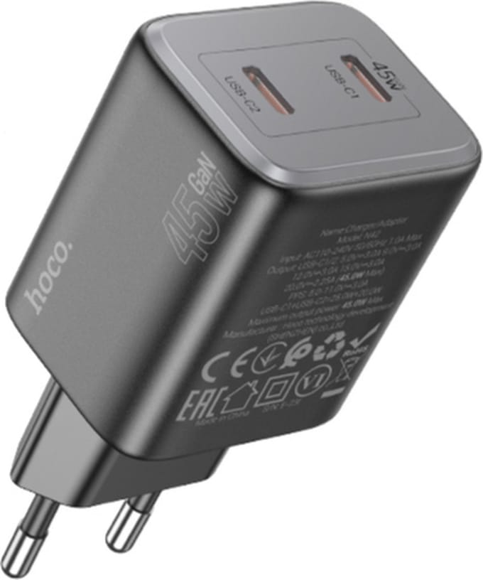 Hoco 45W Snellader - 2in1 Oplader USB C - Zwart