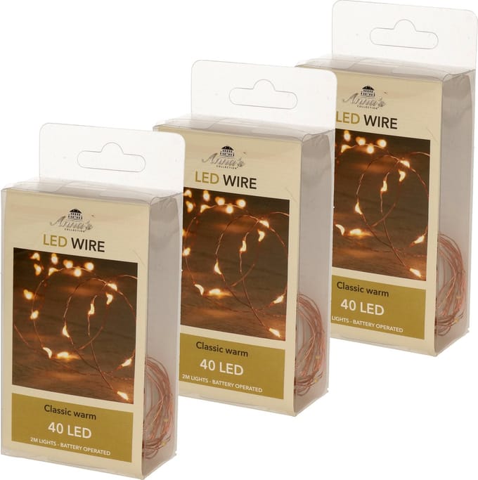 Anna's Collection Draadverlichting - 4x - lichtsnoer - koper - 40 led lampjes - warm wit - 200 cm - batterij