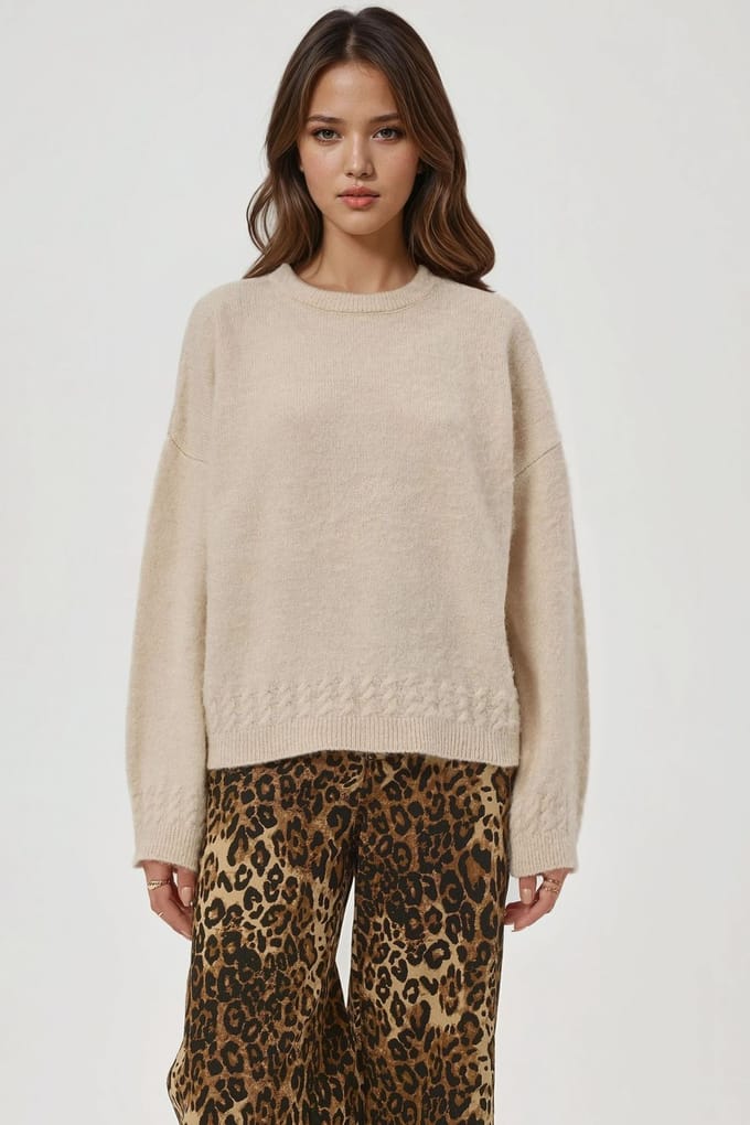 Geweven Gedetailleerde Textuur Crew Neck Trui