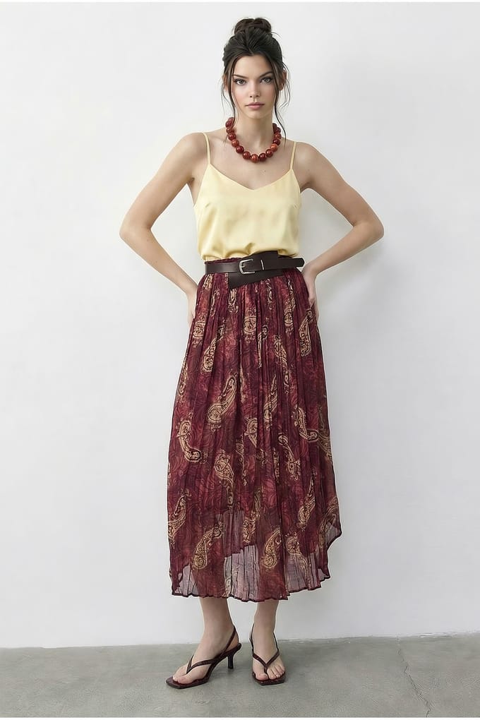 Hoog Taille Paisley Maxi Rok met Riem