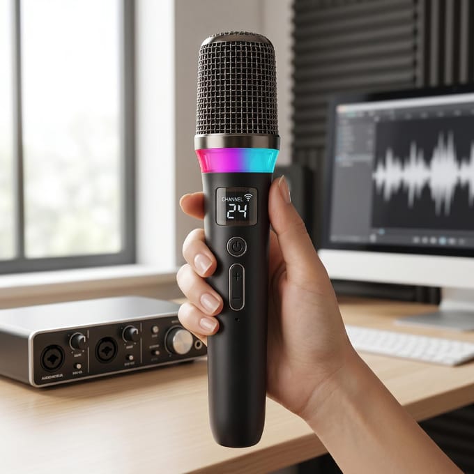 Draadloze Microfoon 2.4G   Dynamische Microfoon 5 Verlichtingsmodi 3 Stemeffecten Oplaadbaar voor Thuisfeest Live Streaming