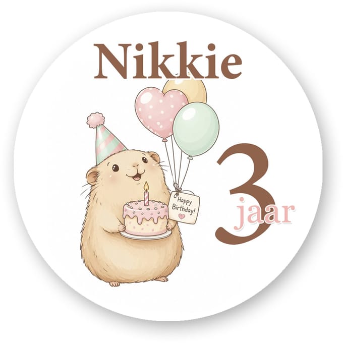 Traktatiestickers met Naam Verjaardag Capybara – 25 stuks Ø4 cm