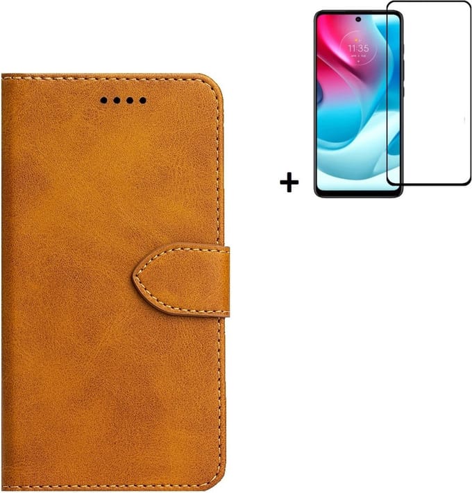 Hoesje Geschikt voor Motorola Moto E30/ Moto E40 - Screenprotector Motorola Moto E30/ Moto E40 - Wallet Bookcase Cognac Bruin + Full Screenprotector