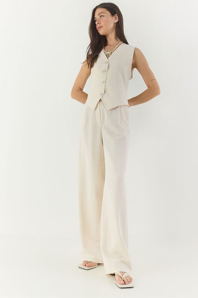 V-hals Vest en Wijde Pantalon Twee-delige Coord Set