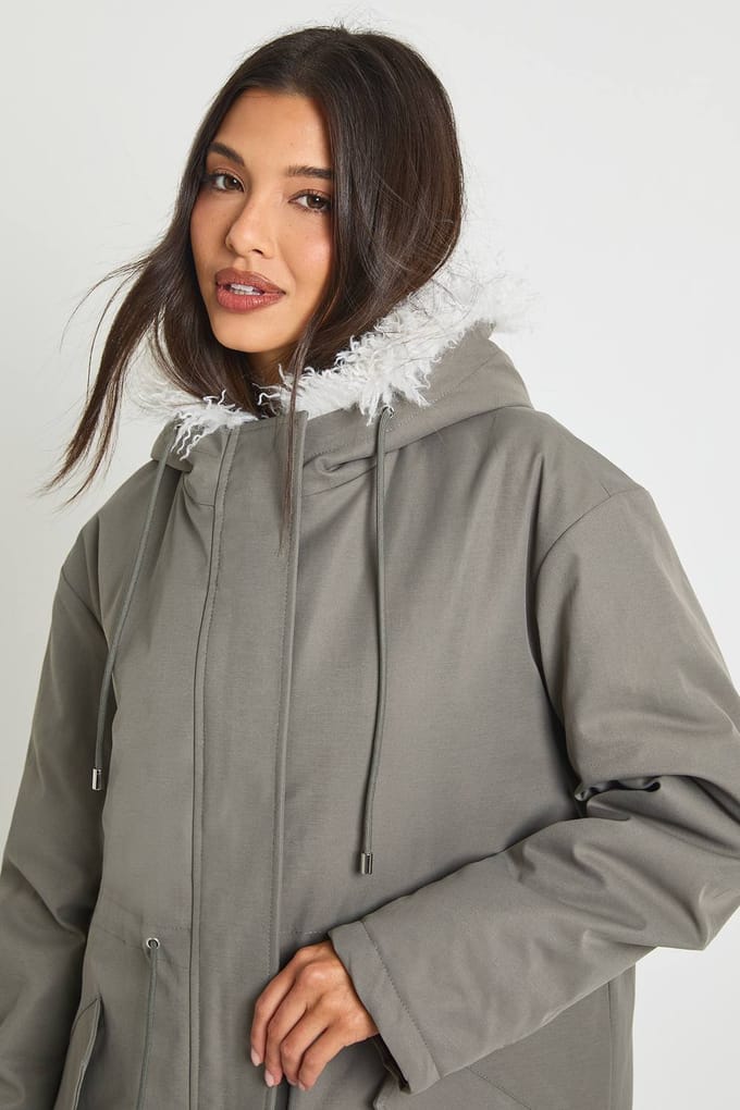 boohoo Dames Parka met bontvoering | Sage | Maat: 12