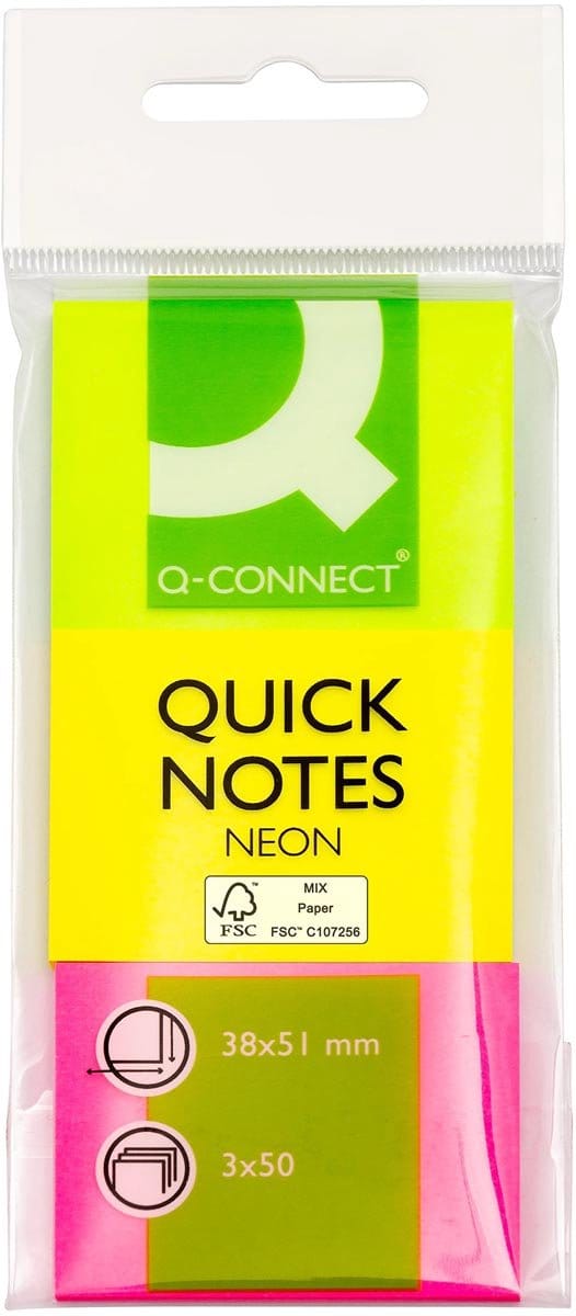 Q-CONNECT Quick Notes | ft 38 x 51 mm | 50 vel | etui van 3 blokken in neonkleuren