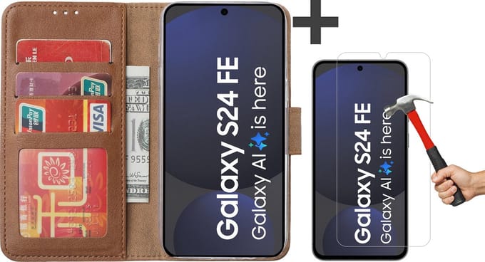 Hoesje met Screenprotector Geschikt voor Samsung Galaxy S24 FE – Arara bookcase met pasjeshouder - Bruin