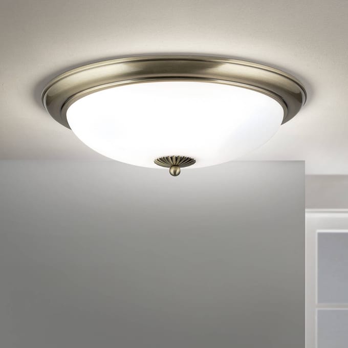 ORION Empire plafondlamp, Ø 48 cm, antiek messing, mat opaalglas