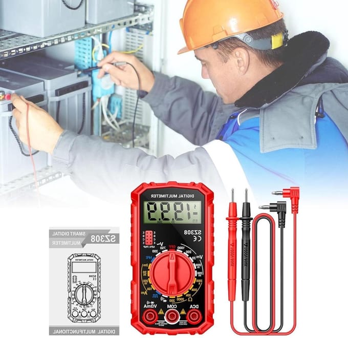 Digitale multimeter - Spanningsmeter Stroommeter - Elektrische metingen - LCD met achtergrondverlichting - 10x14x4 cm - Rood