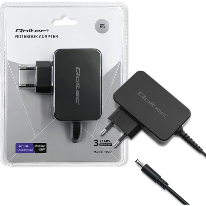 Qoltec-voeding voor Dell-laptop 45W |   19,5V |   2.31A |   4,5*3,0 + pin