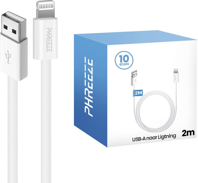 Voordeelpak geschikt voor iPhone 13 oplaadkabels - 2 meter - Wit - 10 pack