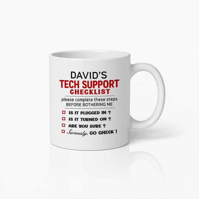 Gepersonaliseerde 330ml Tech Support Mok – Grappige IT Checklist Koffiebeker – Perfect Cadeau voor Technici en Programmeurs
