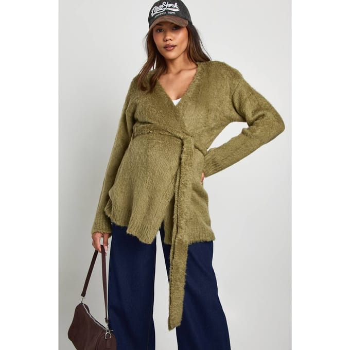 boohoo Dames Zwangerschaps Cardigan met pluizige riem | Kaki | Maat: Medium