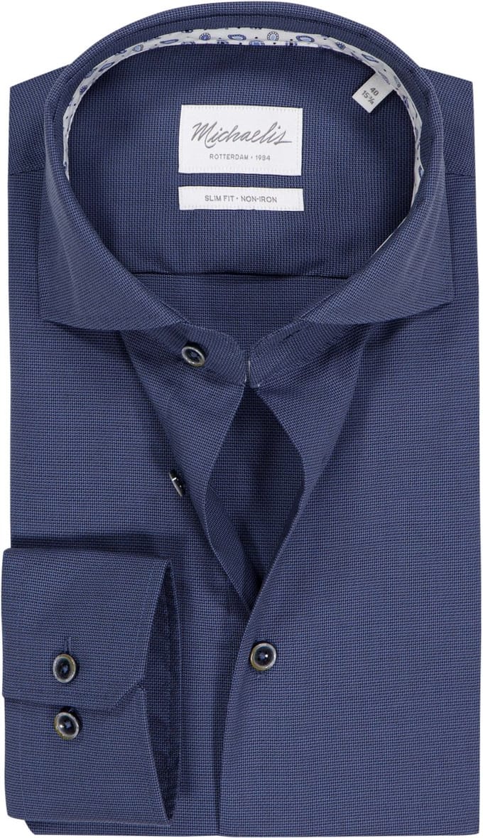 Michaelis slim fit heren overhemd - structuur - donkerblauw - Strijkvrij - Boordmaat: 40
