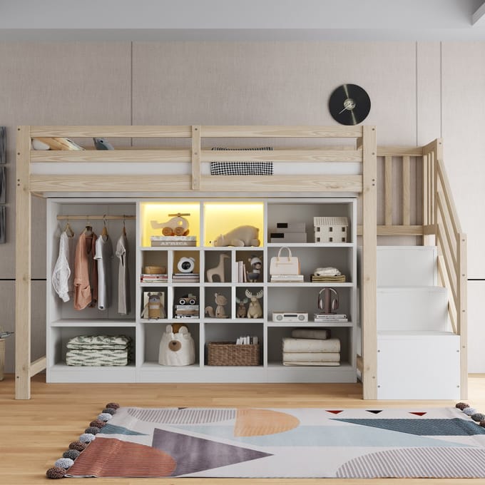 Wishdor Hoogslaper 90x200 cm - Opbergruimte, Kledingkast & LED - Hout Naturel‑Wit