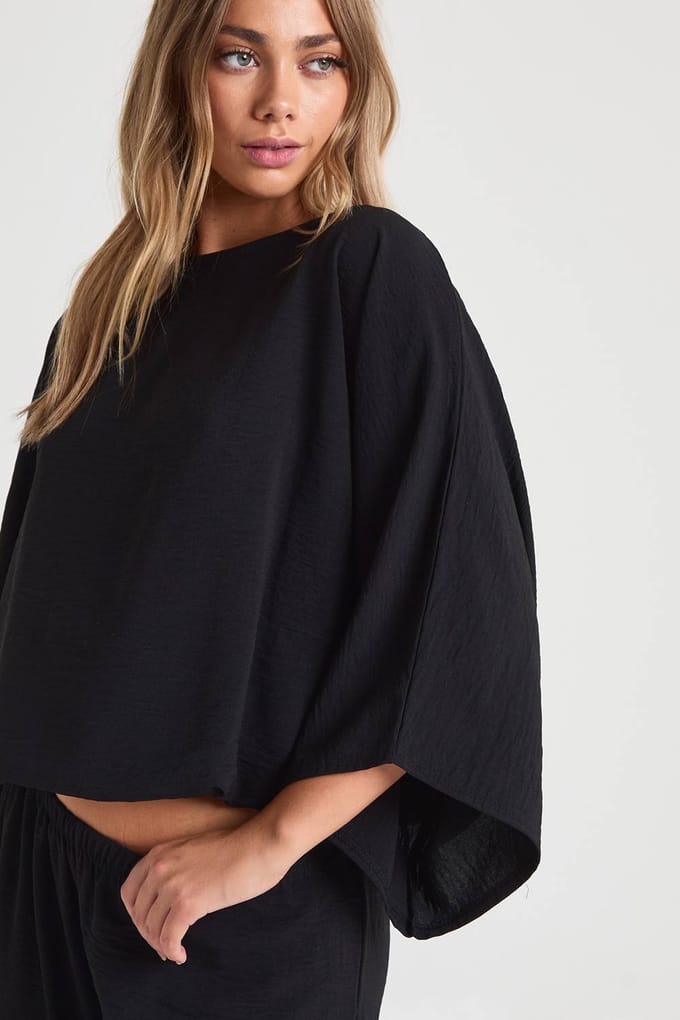 boohoo Dames Slash neck-blouse & wijde pijpenbroek co-ord | Zwart | Maat: 34