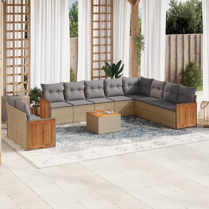 vidaXL - 11-delige - Tuinset - met - kussens - poly - rattan - beige