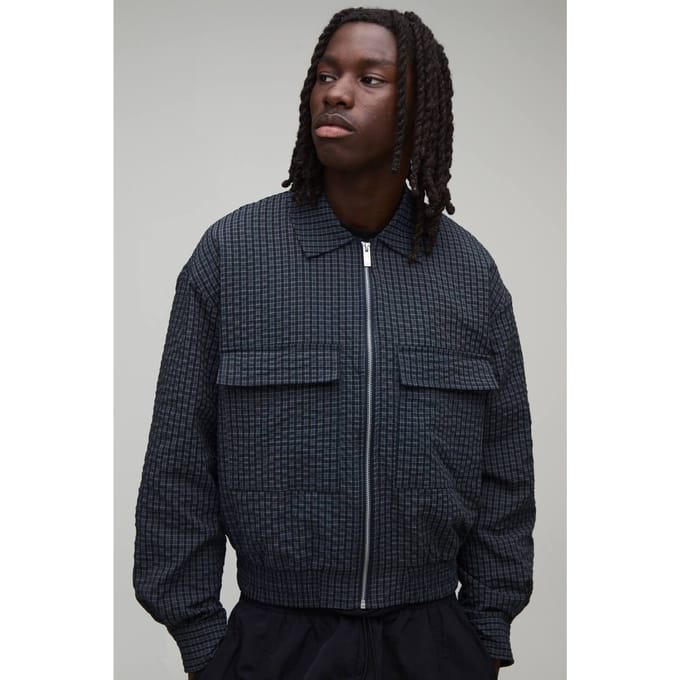 Ruimvallend Getextureerd Geruit Harrington Jack | Navy | Size Medium