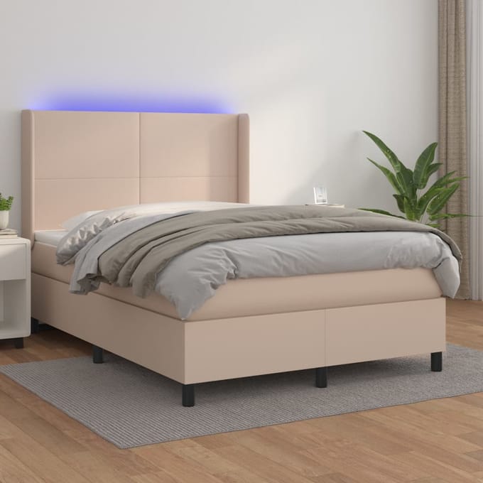vidaXL - Boxspring - met - matras - en - LED - kunstleer - cappuccinokleur - 140x200cm
