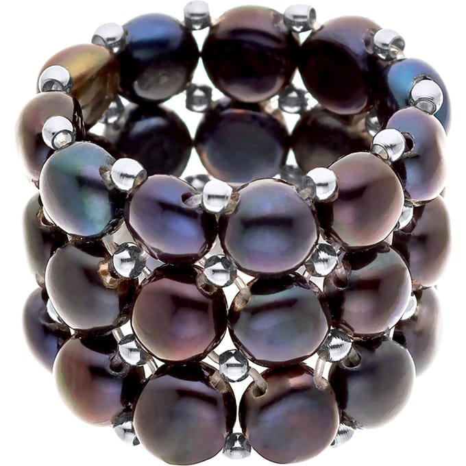 Triple Ring Elastische Freshwater Pearl Black 3-4 mm - 925