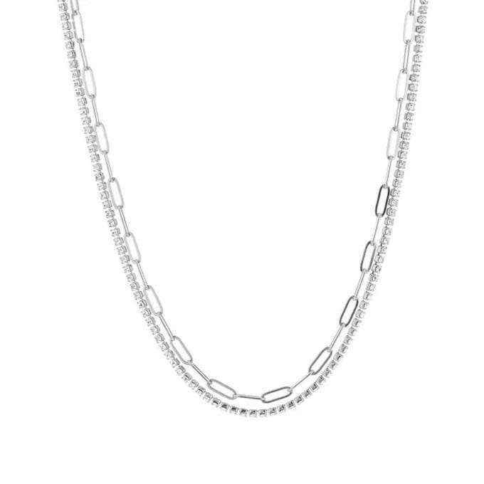Bijoutheek Collier Dubbele ketting schakels en stenen Zilver