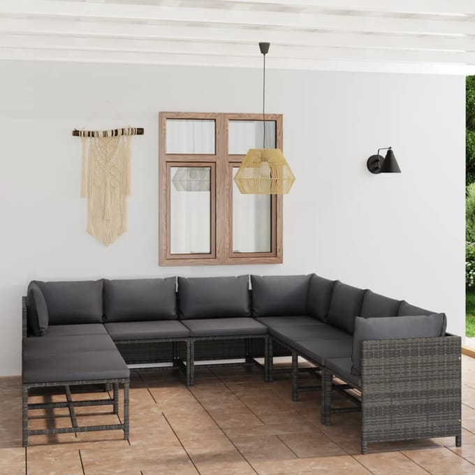vidaXL - 9-delige - Loungeset - met - kussens - poly - rattan - grijs