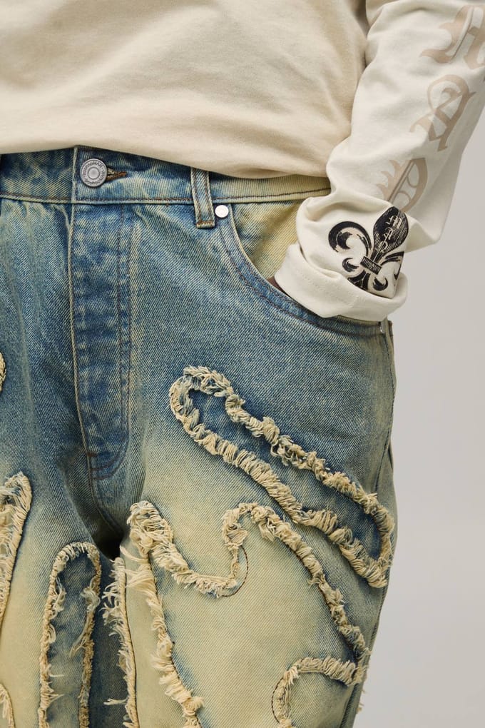 Super Baggy Jeans Met Getinte Wassing En Ruwe Rand Appliqué | Green | Size 34