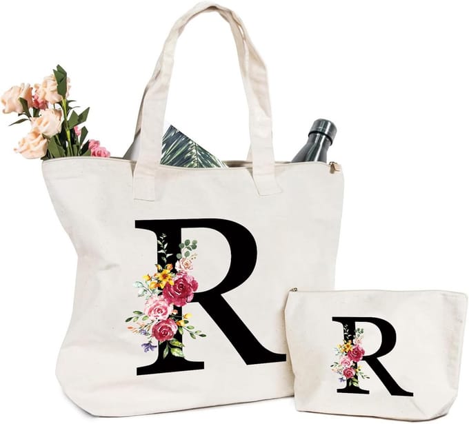 Canvas Draagtas met Drukletters en Bloemen voor Dames