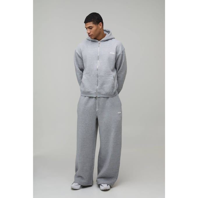 Oversized Boxy Heren Sport Trainingspak met Capuchon en Rits en Wijde Pijpen | Grey Marl | Size Medium