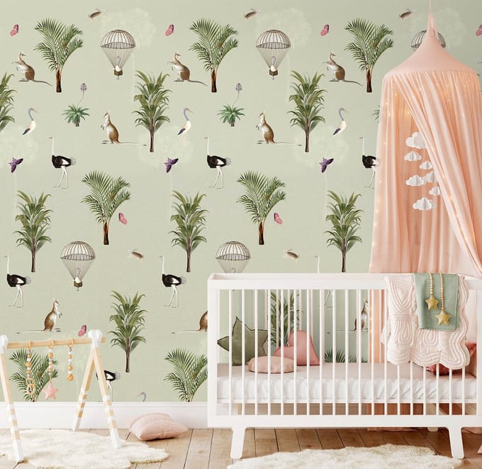 INGK Kinderbehang - Olive & Noah - Ostrich Repeat (green) mix&match- Kinderbehang Olive & Noah