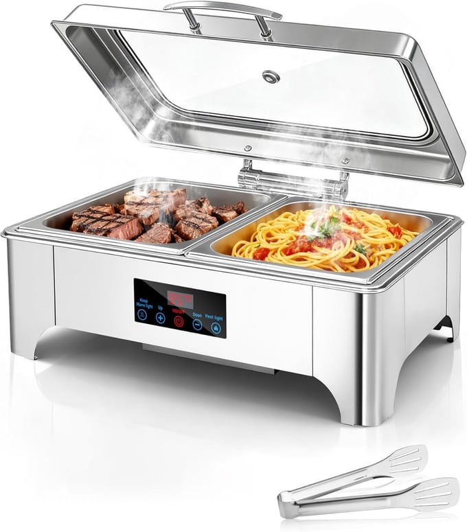 Elektrische Chafing Dish - Buffetwarmer Roll Top - Feesten en Catering - Instelbare Temperatuur - 9 Liter Capaciteit - Zilver