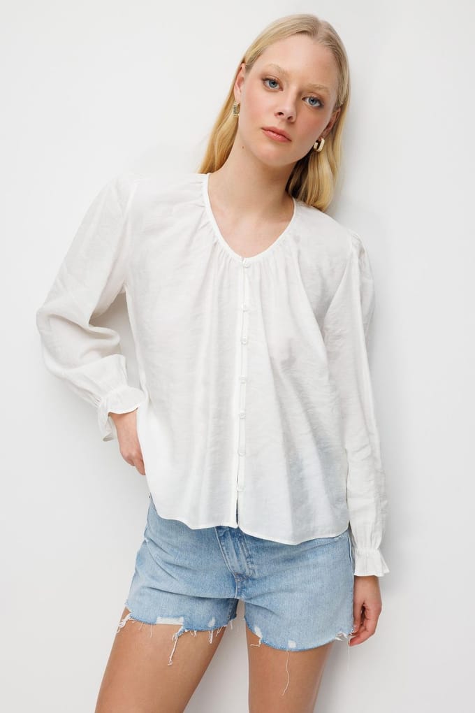 Textuur Button-Up Crew Neck Blouse