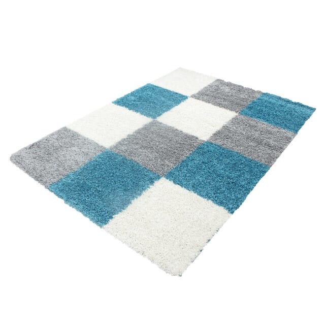 Muratap Basic shaggy geblokt vloerkleed turquoise / wit hoogpolig- 60x110