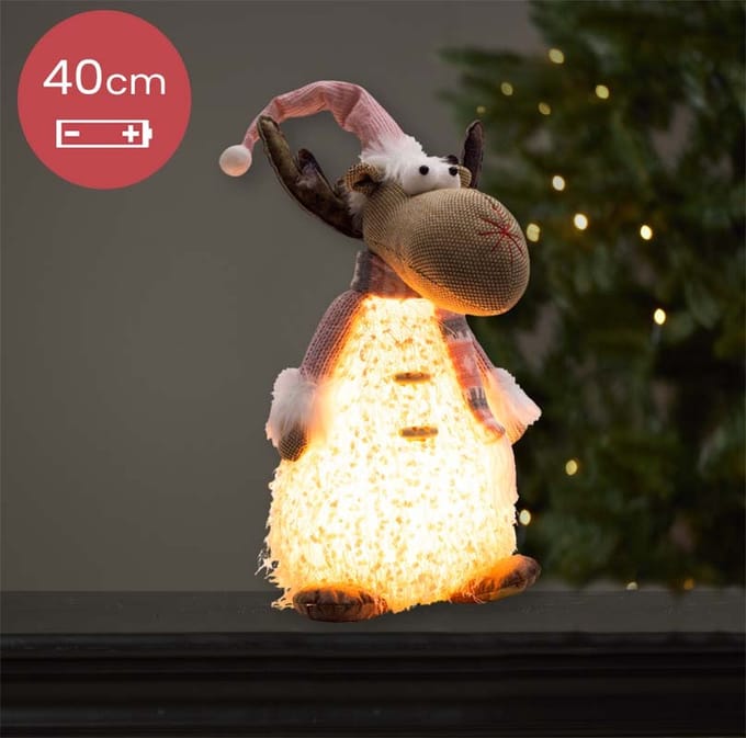 Handgemaakt Rendier met LED verlichting en roze muts - 40(55)cm