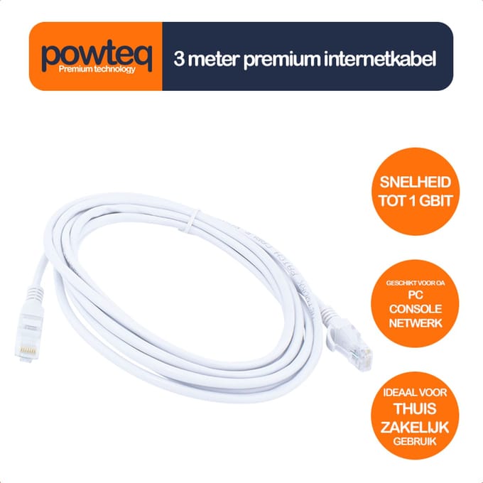 Powteq - 3 meter internetkabel - Wit - Cat 5e met RJ45 stekkers