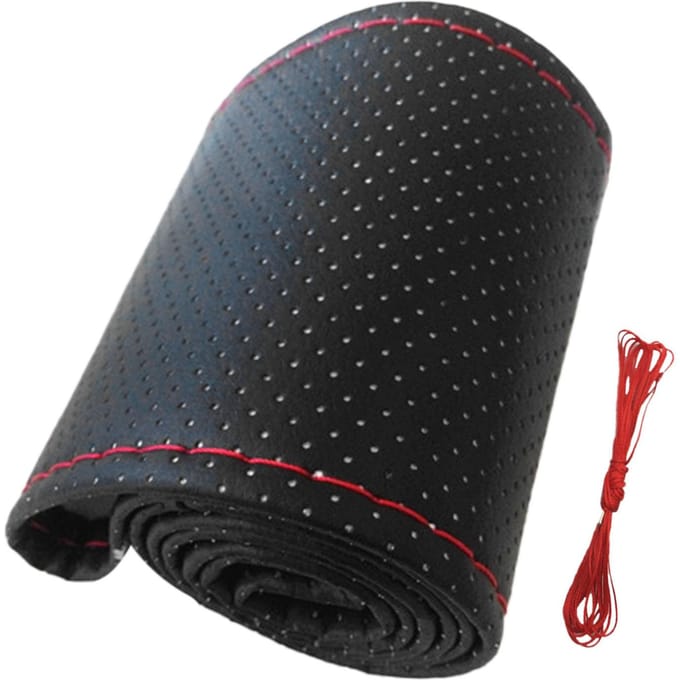 Universele Auto Stuurwielhoes Handnaaien Geperforeerd Microvezel Leer Stuurwielhoes zwart/rood